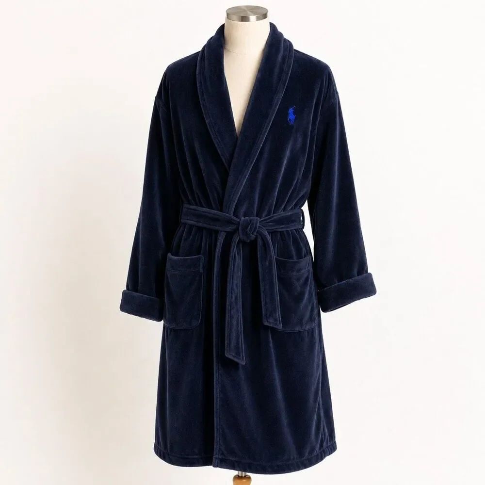 Polo Ralph Lauren Plush Velour Shawl Collar Robe Men’s Large Navy Blue Luxury